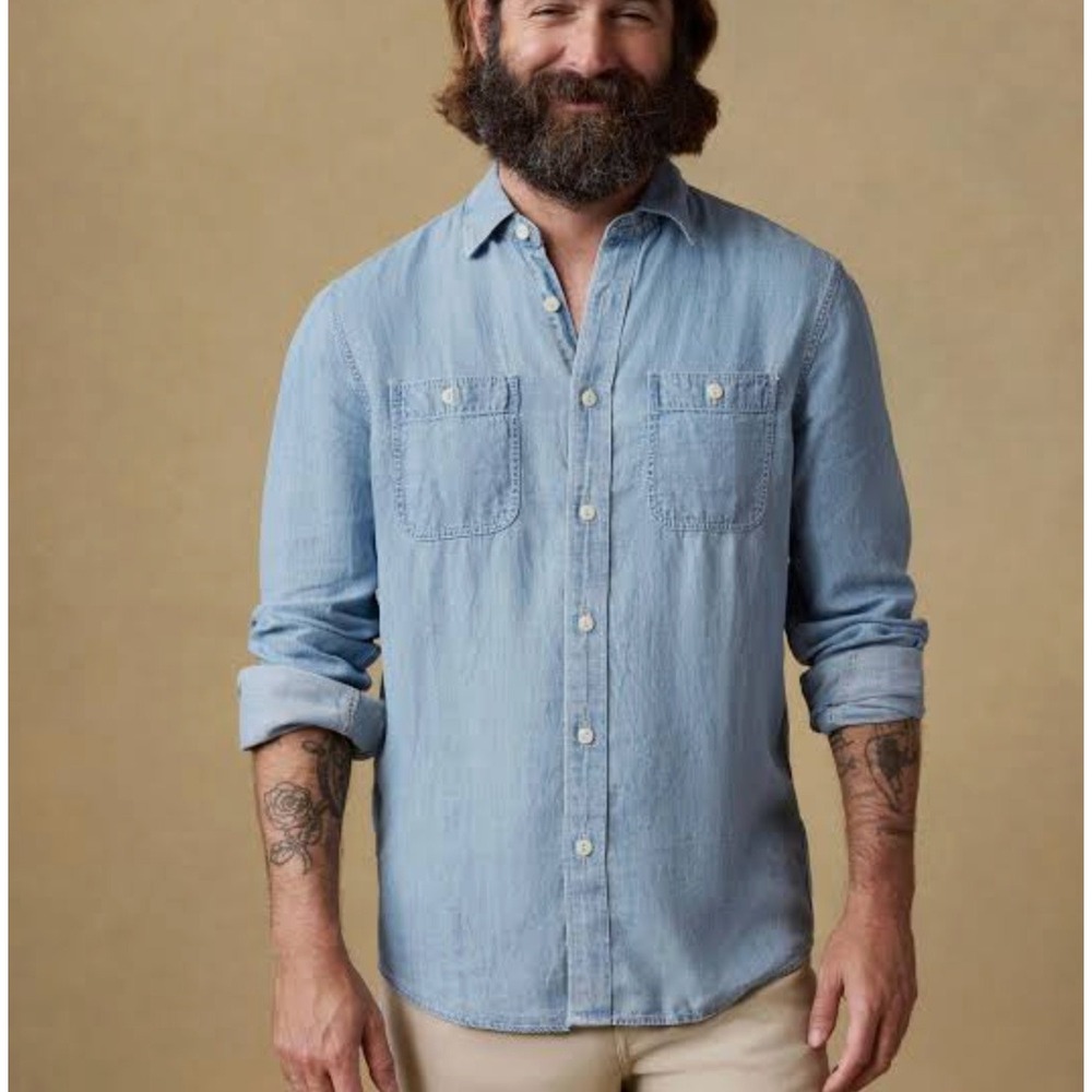 FAHERTY The Tried And True Shirt In Vintage Indigo Large Blue Linen Button Down